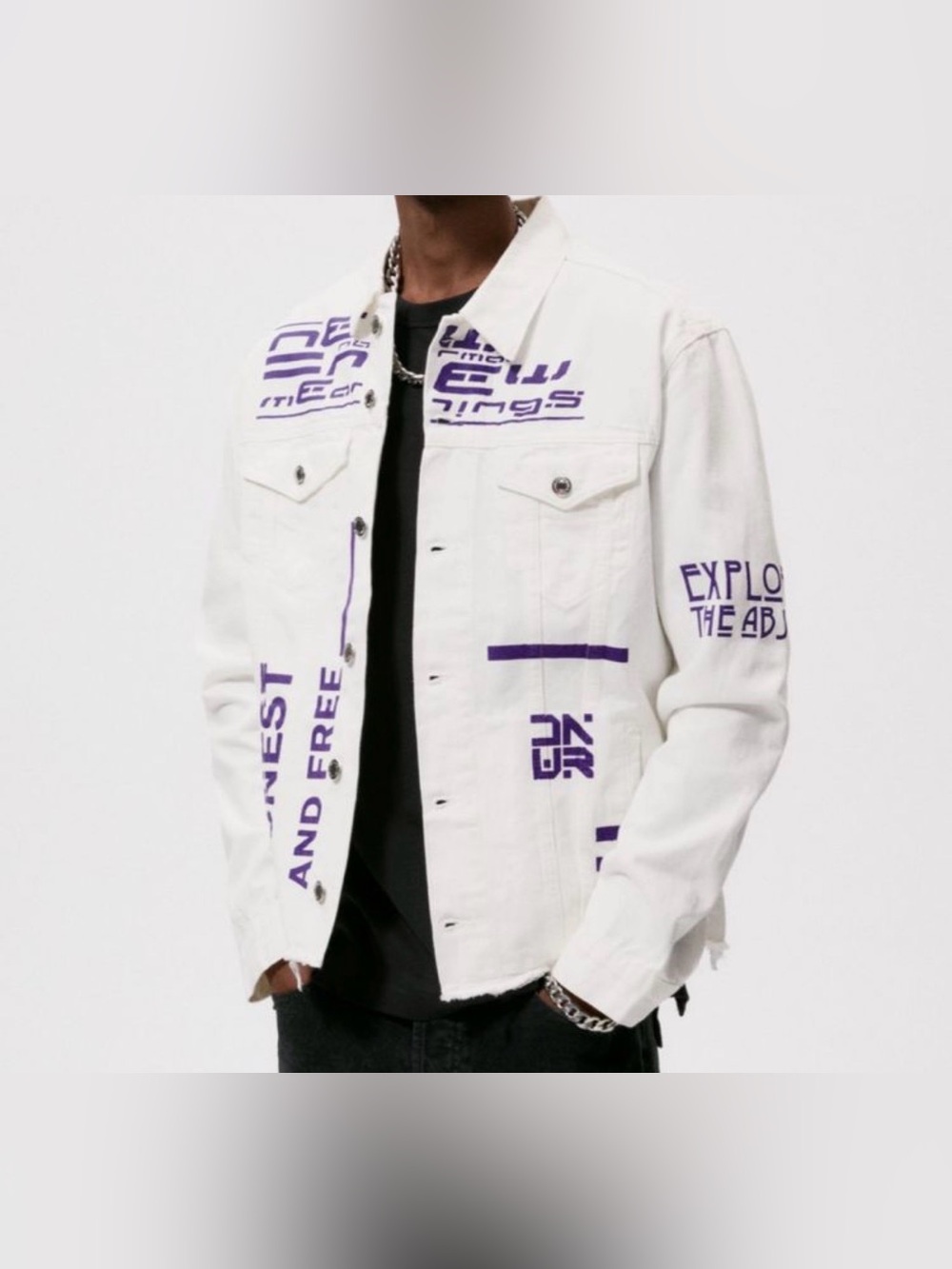 Zara White Denim Jacket with Purple Graphic Print Small